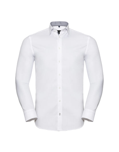 Russell Collection Russell Mens LS Contrast HBone Shirt r964mc - White Silver Convoy Grey - Customisable Corporate Wear