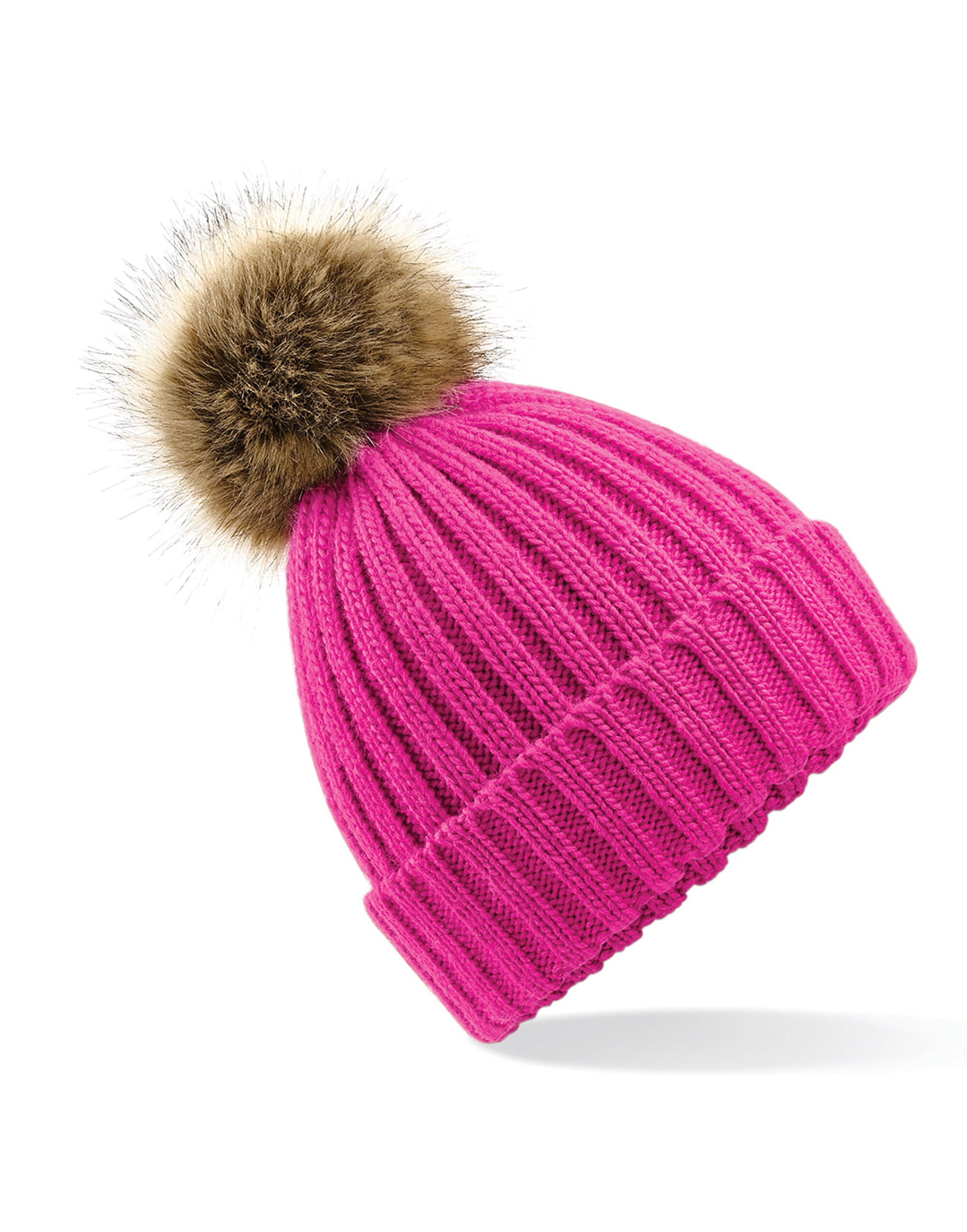 Beechfield Fur Pop Pom Chunky Beanie B412 - Fuchsia O S - Customisable Beanies