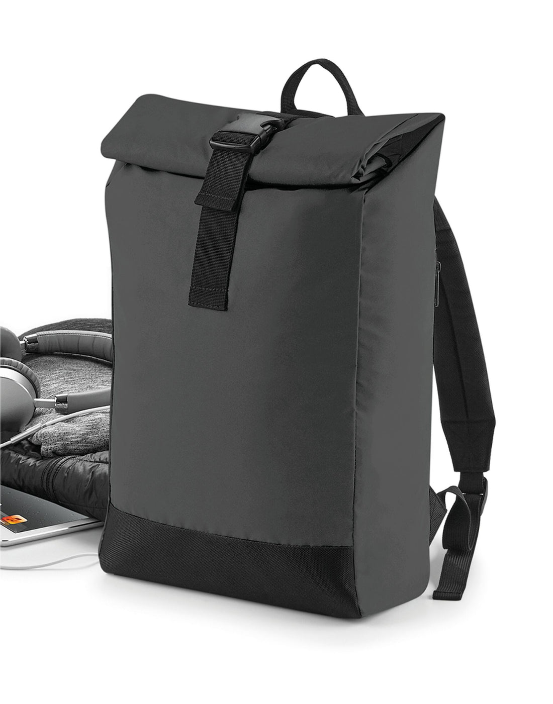 Bagbase Reflective Roll-Top Backpack BG138 - Black Reflective O S - Customisable Bags