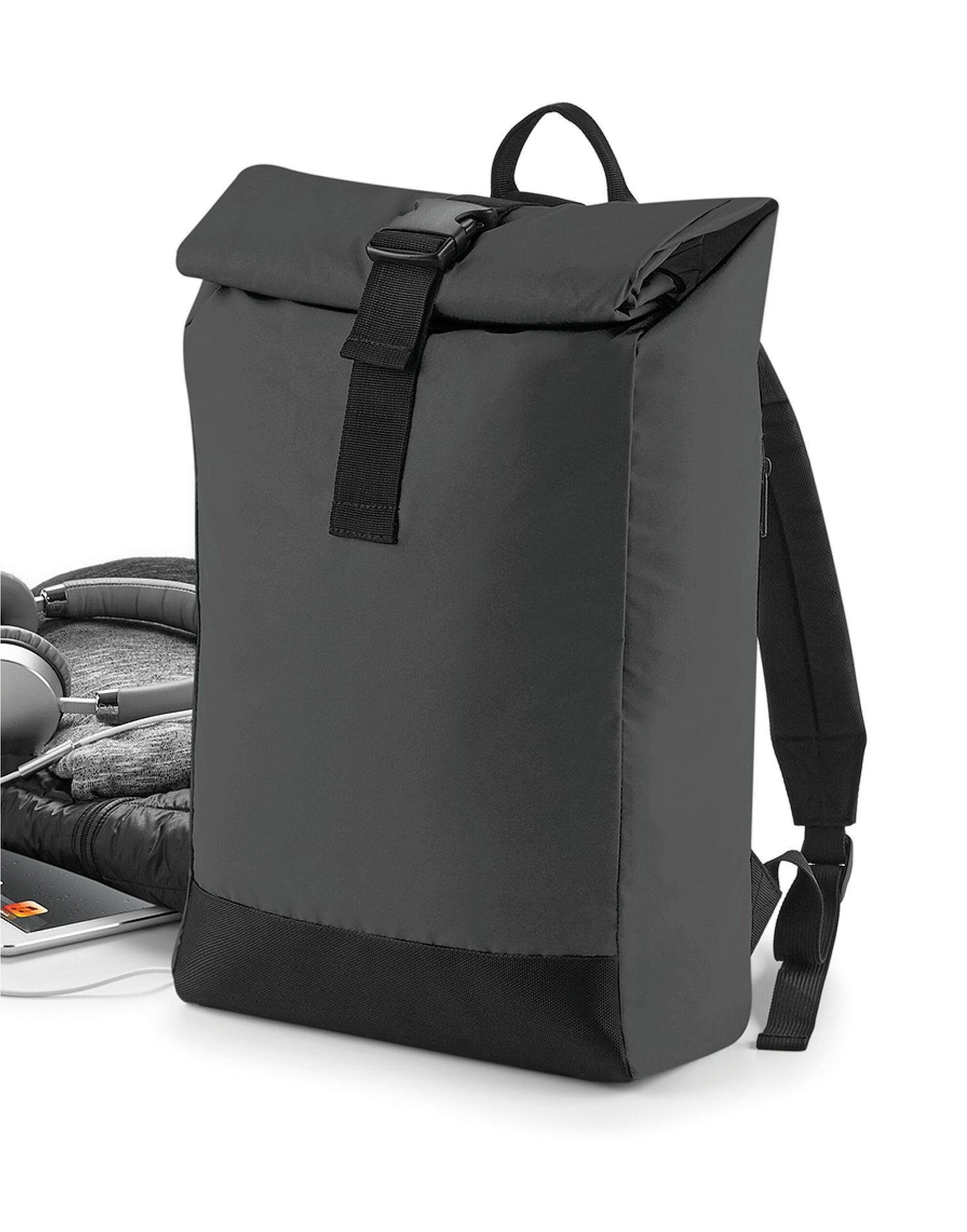 Bagbase Reflective Roll-Top Backpack BG138 - Black Reflective O S - Customisable Bags