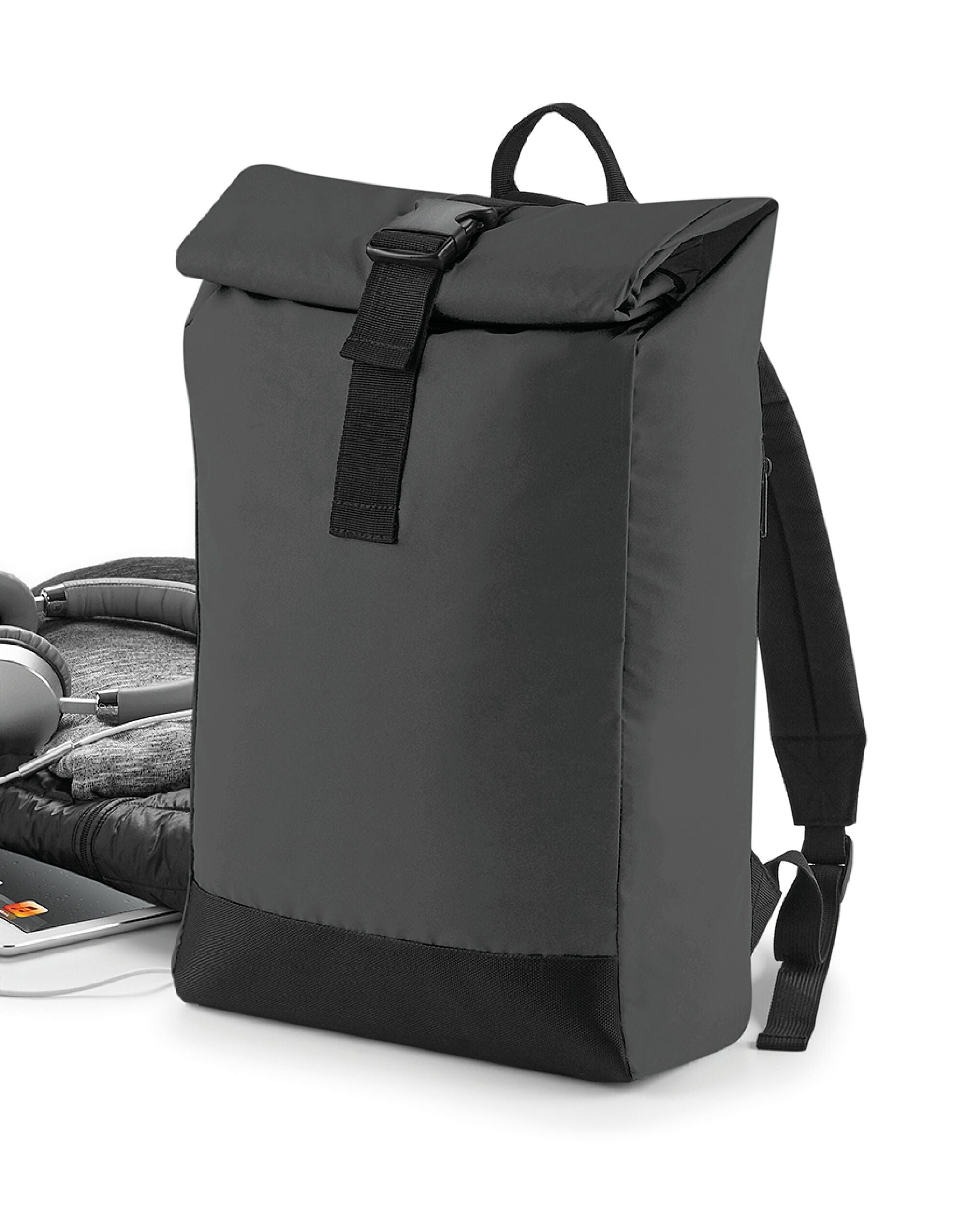 Bagbase Reflective Roll-Top Backpack BG138 - Black Reflective O S - Customisable Bags