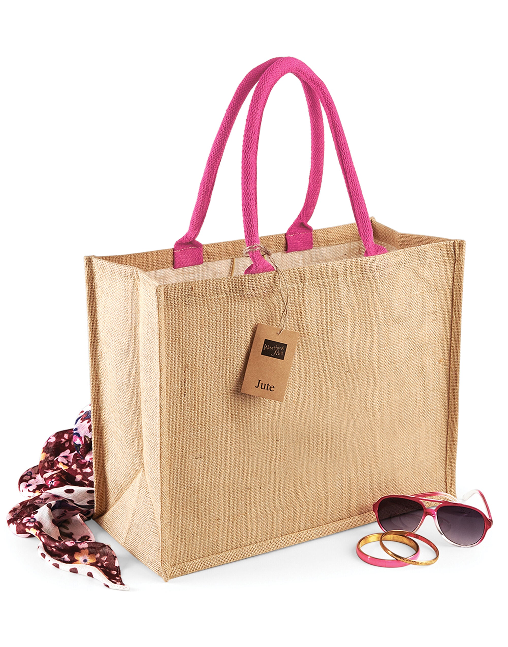 Westford Mill Jute Classic Shopper w407 - Natural Fuchsia O S - Customisable Bags