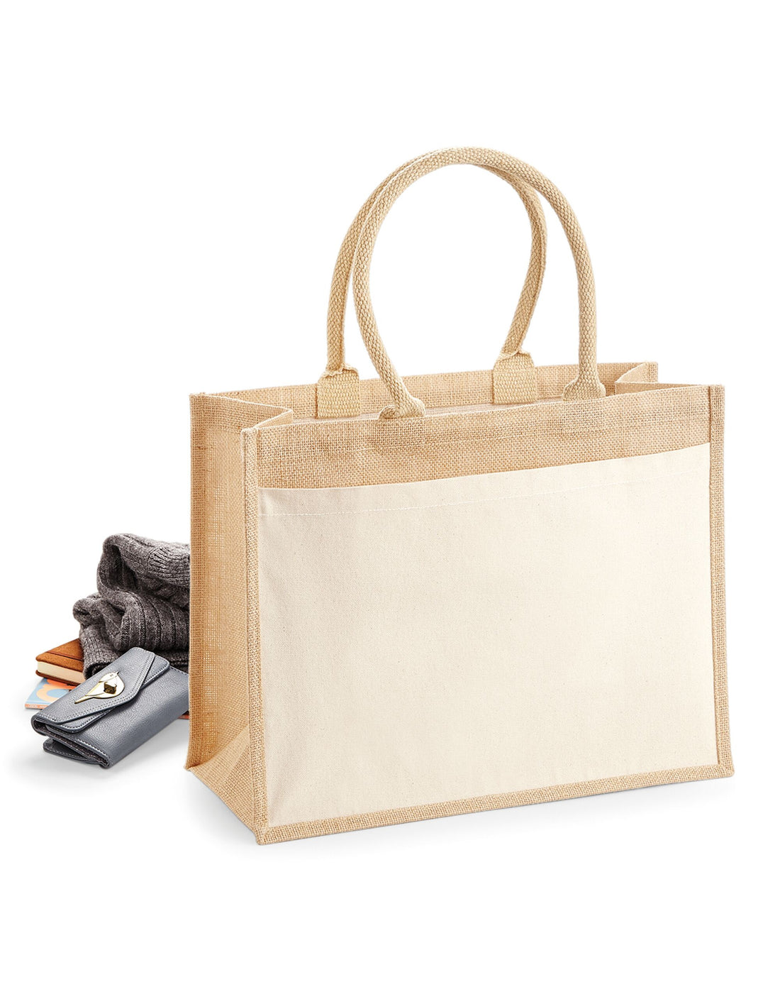 Westford Mill Cotton Pocket Jute Shopper w427 - Natural O S - Customisable Bags
