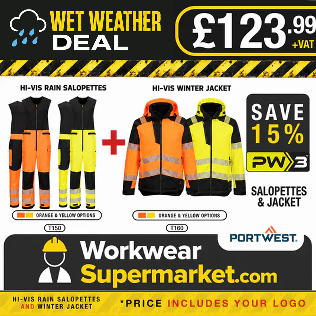 Portwest PW3 Hi-Vis Winter Jacket Bundle (Includes Salopettes) - - Customisable Bundle