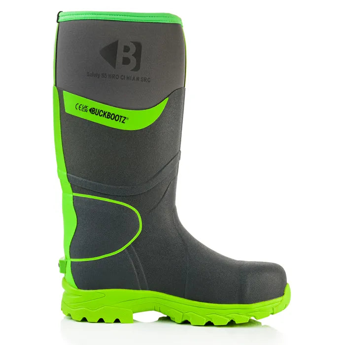 Buckbootz S5 - Grey/ Green - 360 High Visibility Neoprene/Rubber Safety Wellington Boot with Ankle Protection - BBZ8000 - Grey Green - Customisable Wellingtons