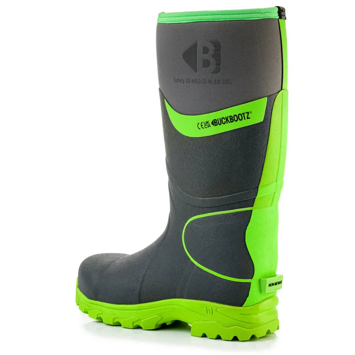 Buckbootz S5 - Grey/ Green - 360 High Visibility Neoprene/Rubber Safety Wellington Boot with Ankle Protection - BBZ8000 - - Customisable Wellingtons