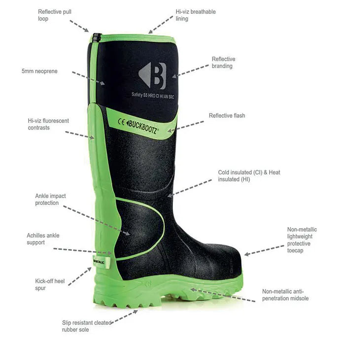 Buckbootz S5 - Grey/ Green - 360 High Visibility Neoprene/Rubber Safety Wellington Boot with Ankle Protection - BBZ8000 - - Customisable Wellingtons