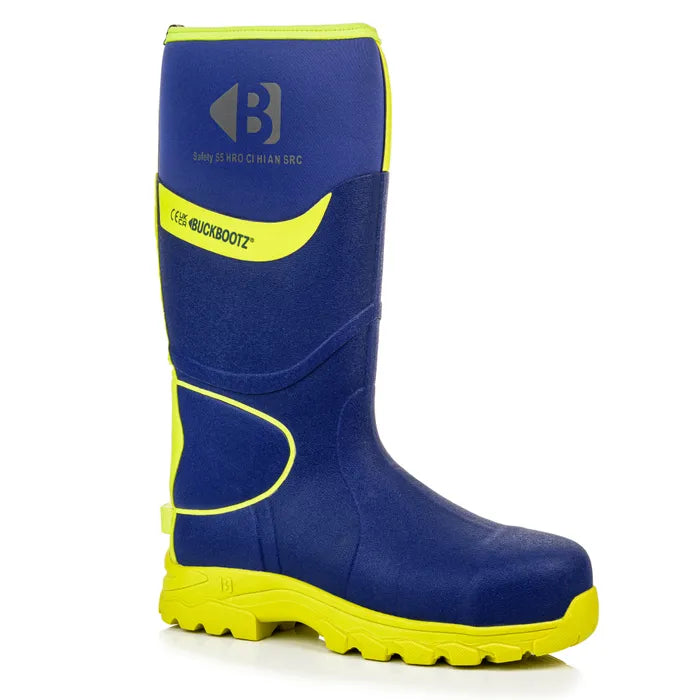 Buckbootz S5 - Blue/Yellow - 360 High Visibility Neoprene/Rubber Safety Wellington Boot with Ankle Protection - BBZ8000 - Blue Yellow - Customisable Wellingtons